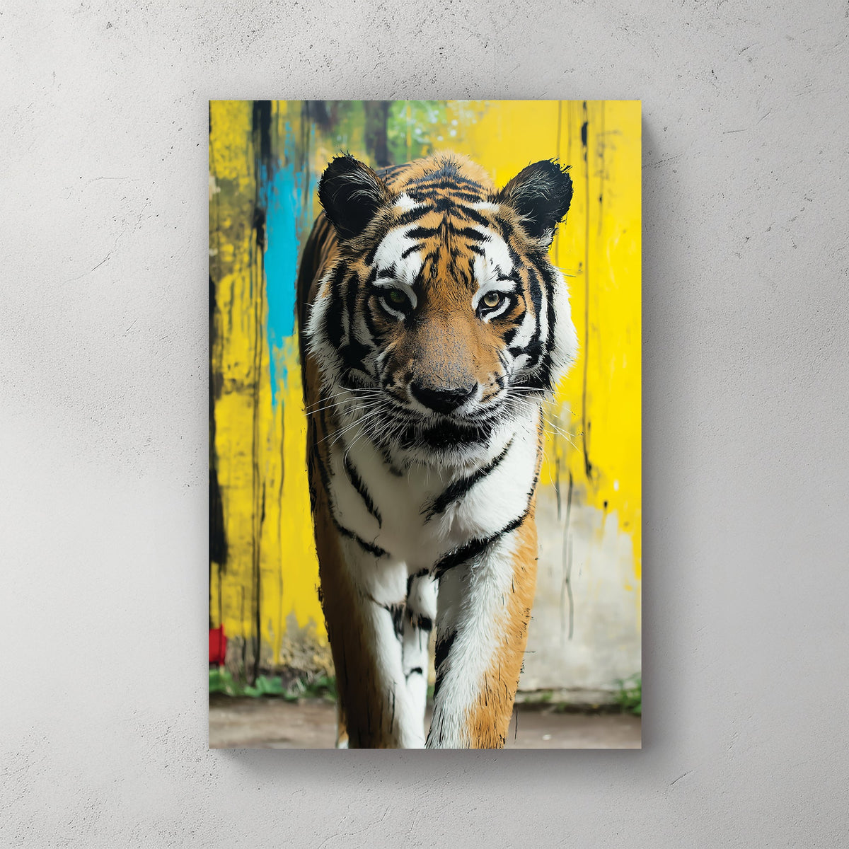 Wall art of a tiger walking toward viewer with yellow graffiti-style background
