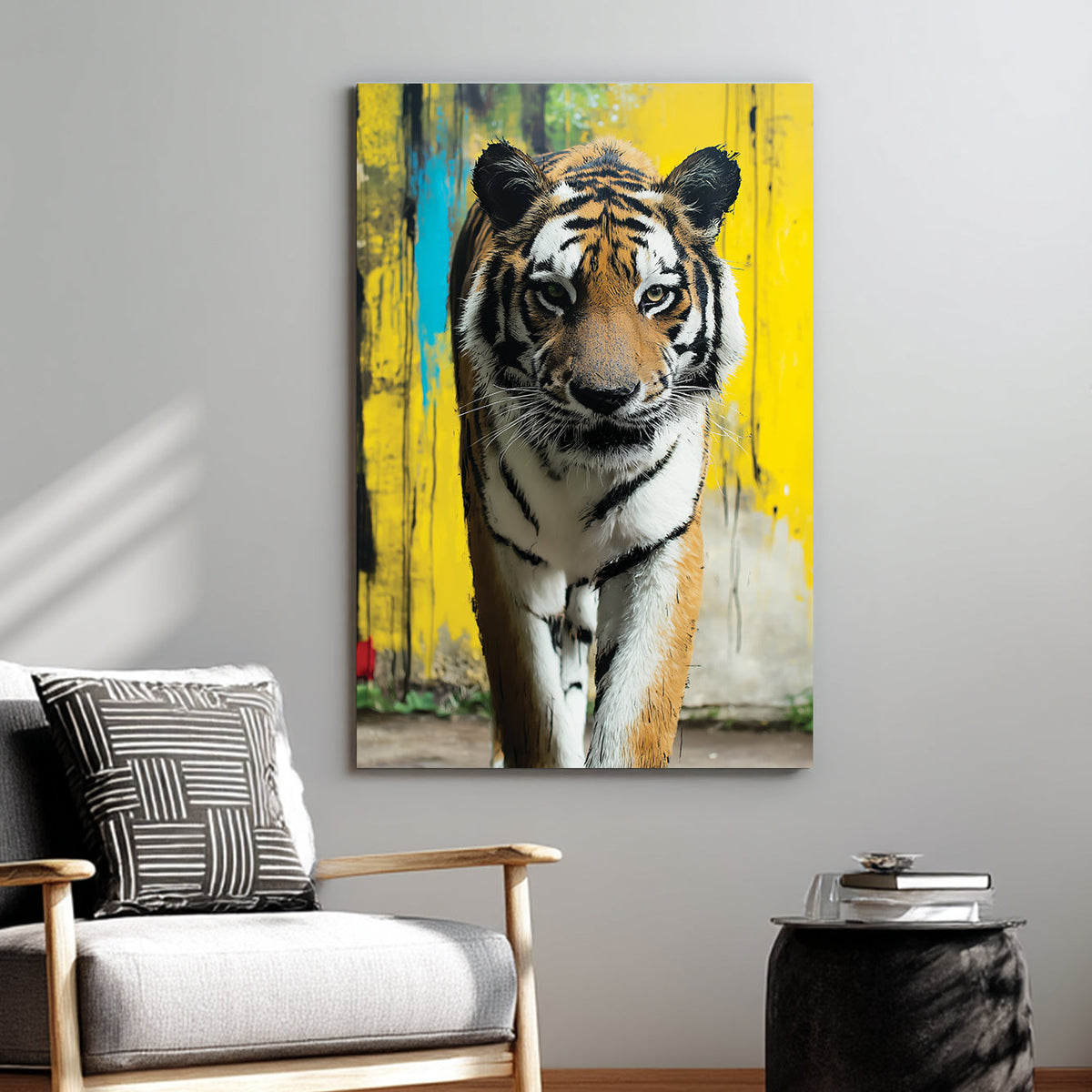 Wall art of a tiger walking toward viewer with yellow graffiti-style background