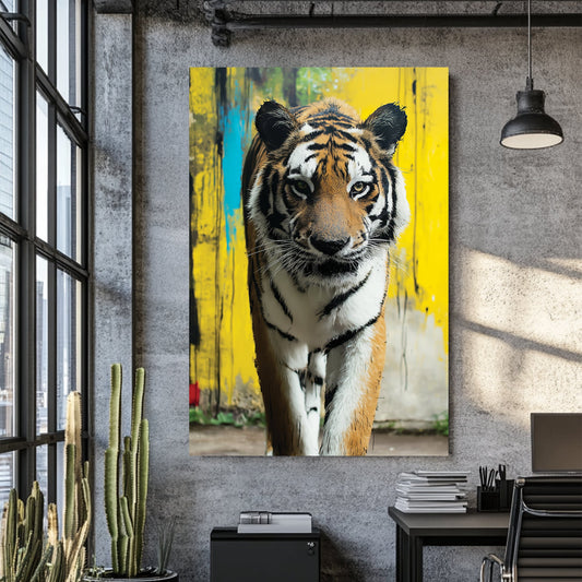 Wall art of a tiger walking toward viewer with yellow graffiti-style background