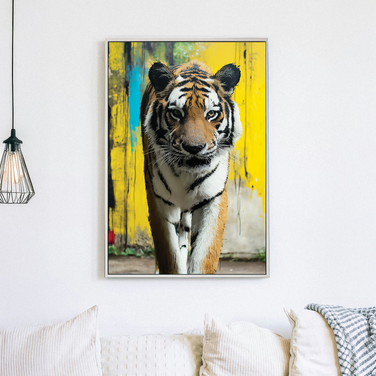 Wall art of a tiger walking toward viewer with yellow graffiti-style background
