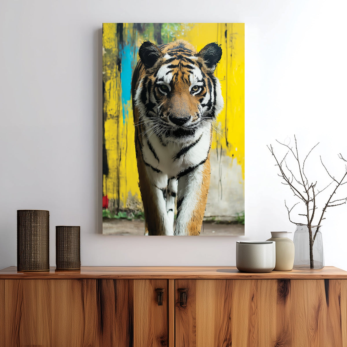 Wall art of a tiger walking toward viewer with yellow graffiti-style background