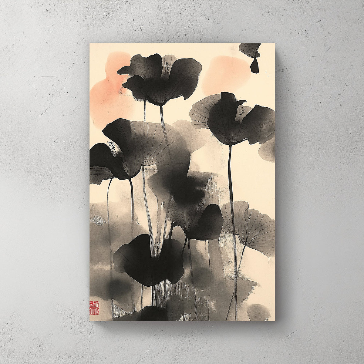 Wall art of abstract black lotus flowers in Japanese ink style with soft coral accents