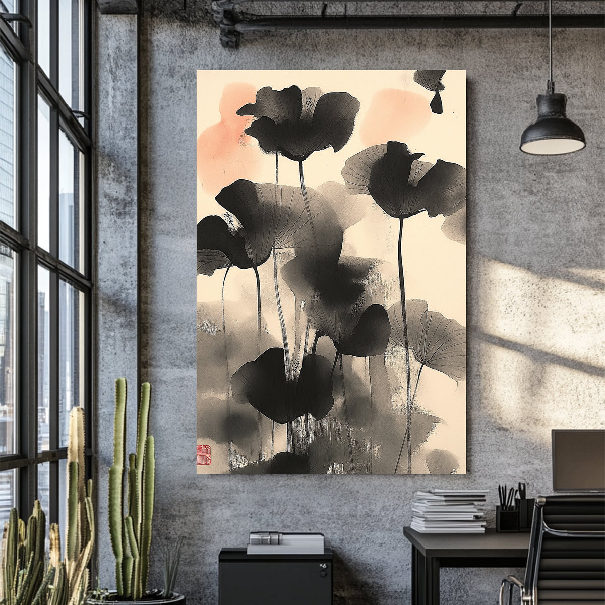 Wall art of abstract black lotus flowers in Japanese ink style with soft coral accents