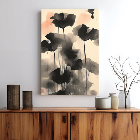 Wall art of abstract black lotus flowers in Japanese ink style with soft coral accents