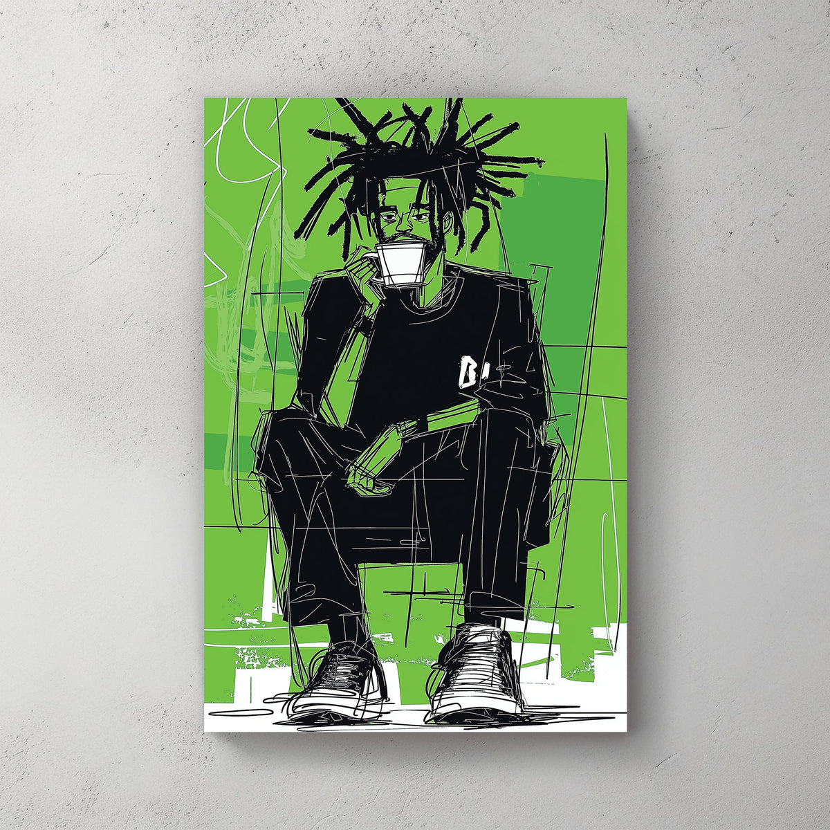 Wall art of sketched man drinking coffee with bold green graffiti-style background