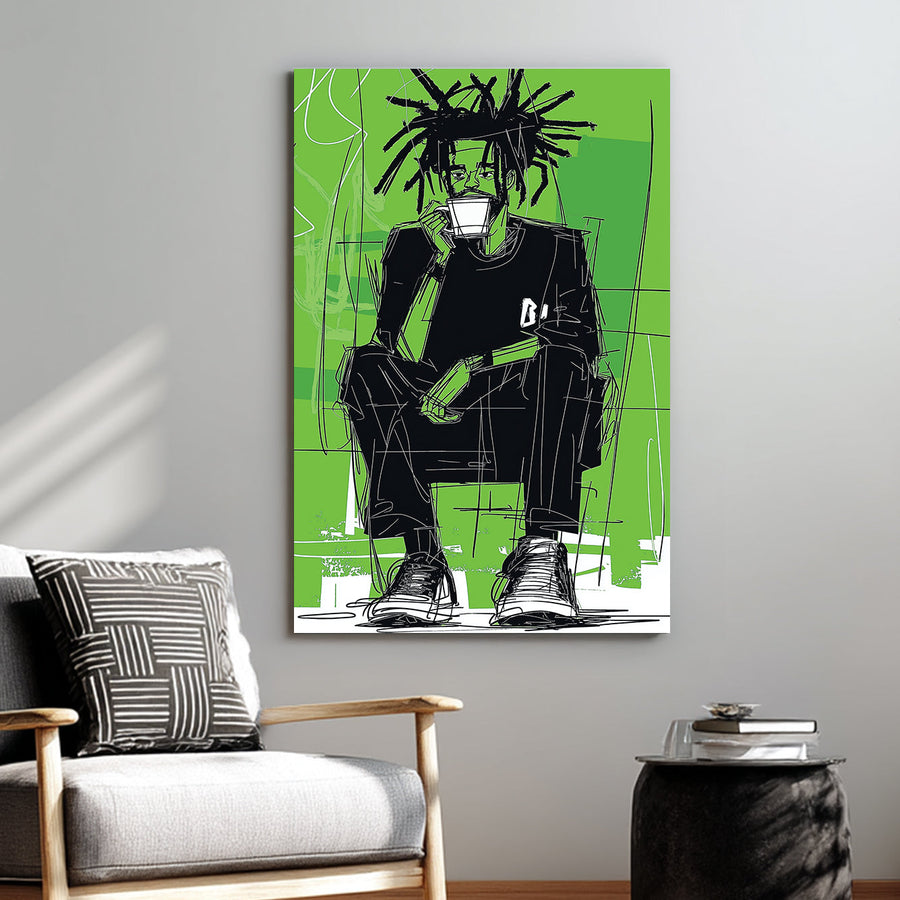 Wall art of sketched man drinking coffee with bold green graffiti-style background