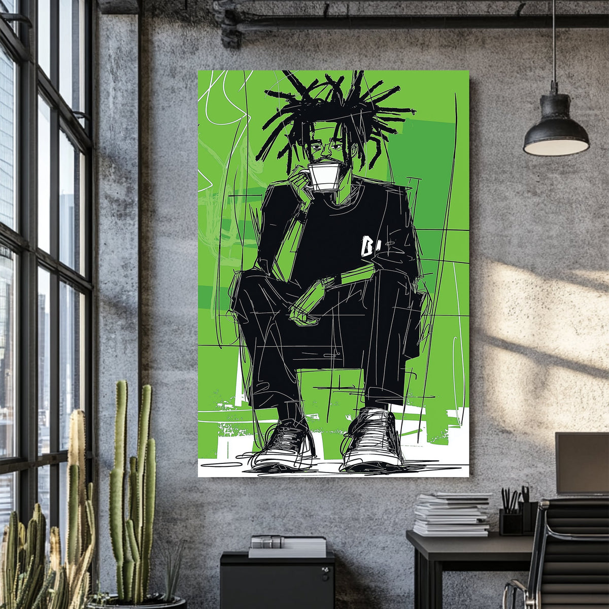 Wall art of sketched man drinking coffee with bold green graffiti-style background