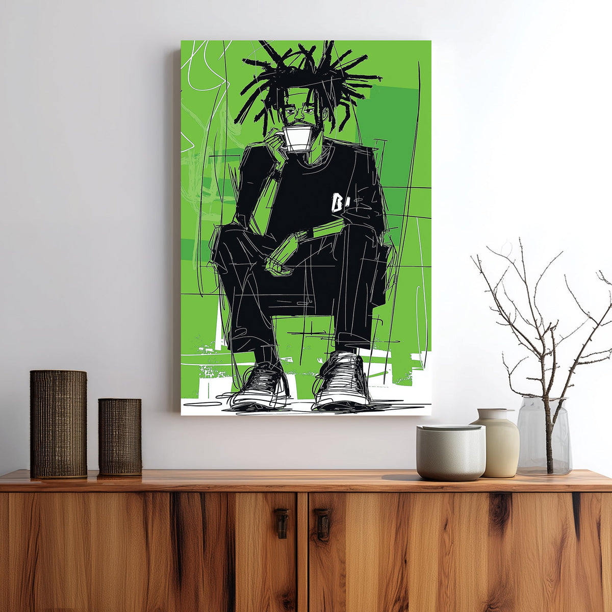 Wall art of sketched man drinking coffee with bold green graffiti-style background