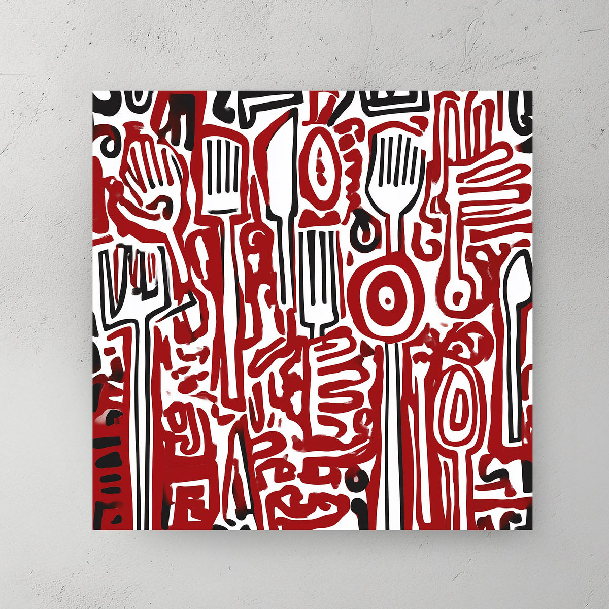 Wall art featuring abstract red and black kitchen utensils in graffiti-style pattern