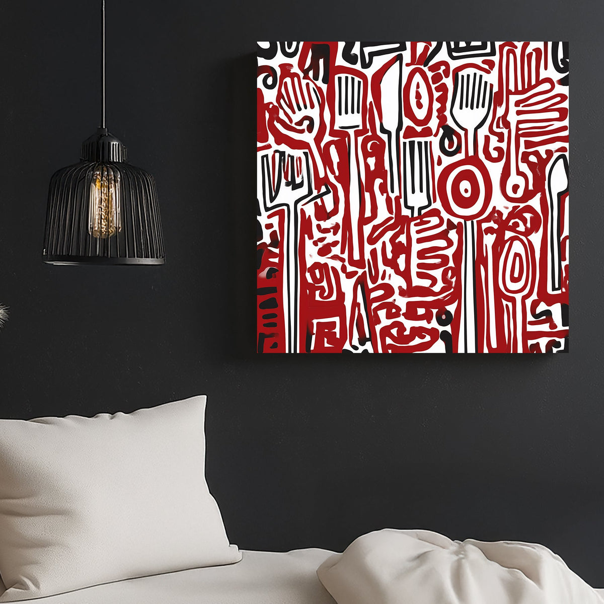 Wall art featuring abstract red and black kitchen utensils in graffiti-style pattern