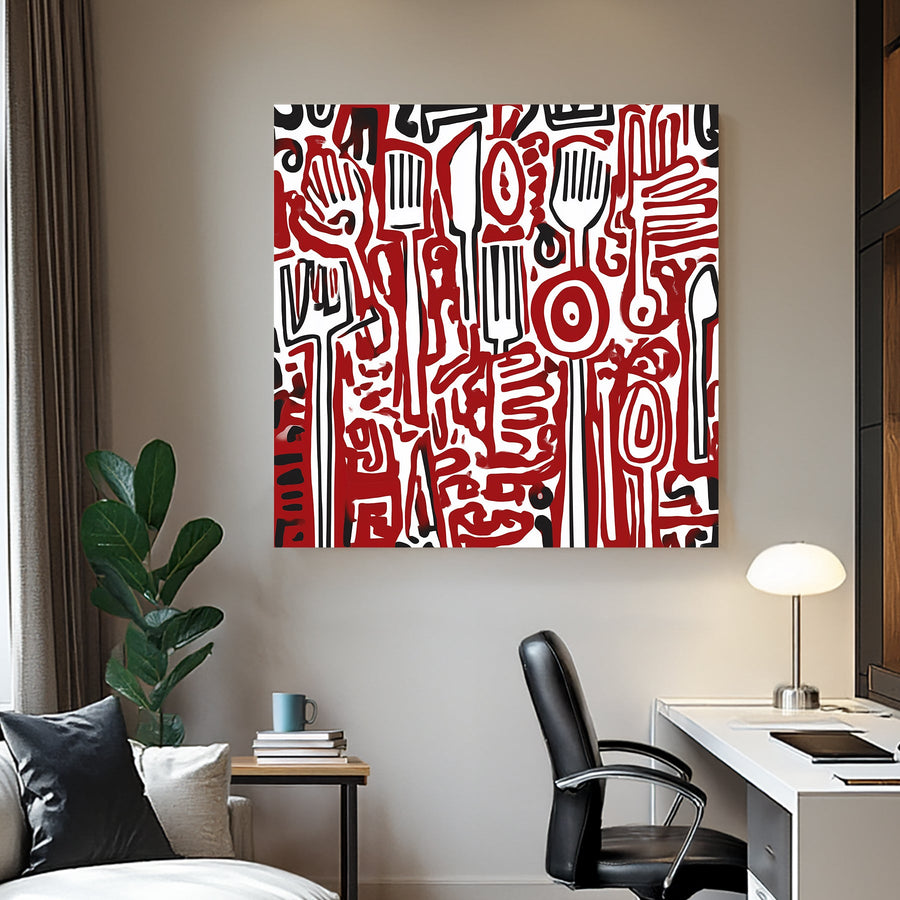 Wall art featuring abstract red and black kitchen utensils in graffiti-style pattern