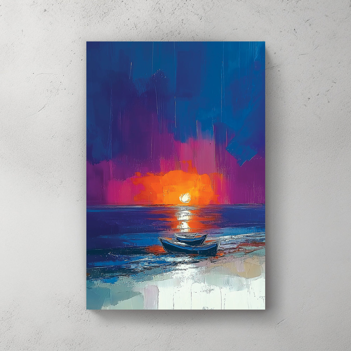 Wall art with boats on the beach at sunset, painted in bold strokes of orange, blue, and violet