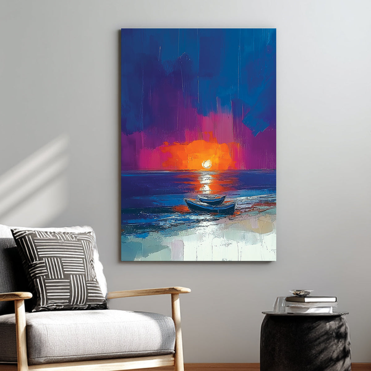 Wall art with boats on the beach at sunset, painted in bold strokes of orange, blue, and violet