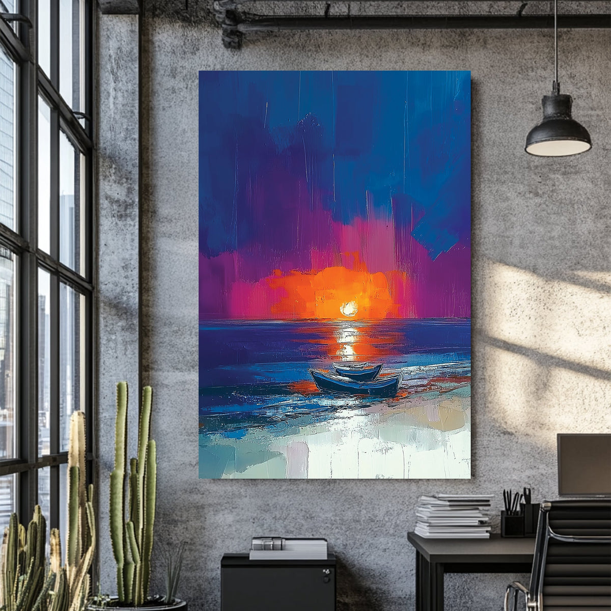 Wall art with boats on the beach at sunset, painted in bold strokes of orange, blue, and violet