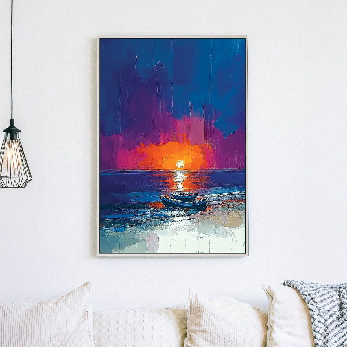 Wall art with boats on the beach at sunset, painted in bold strokes of orange, blue, and violet