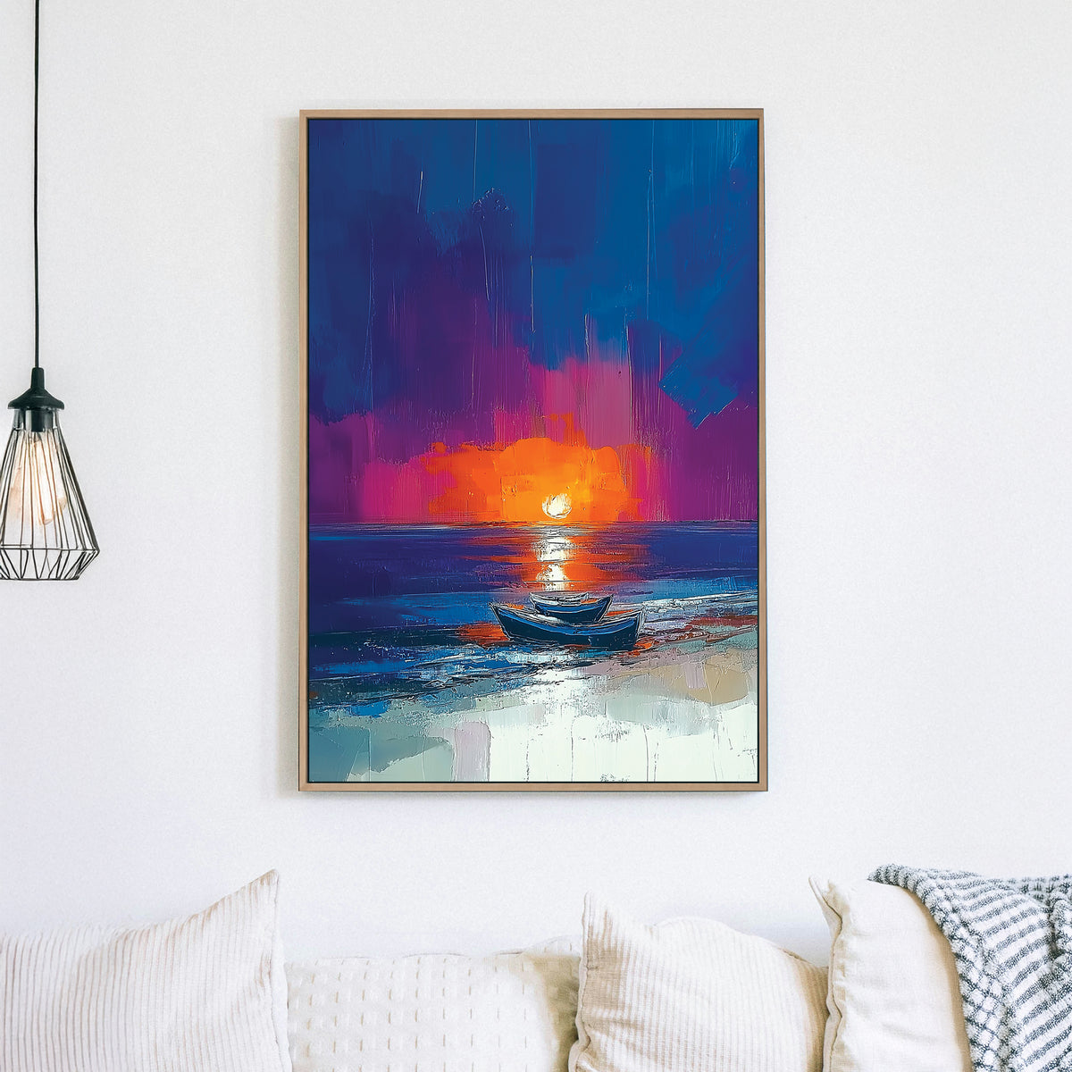 Wall art with boats on the beach at sunset, painted in bold strokes of orange, blue, and violet