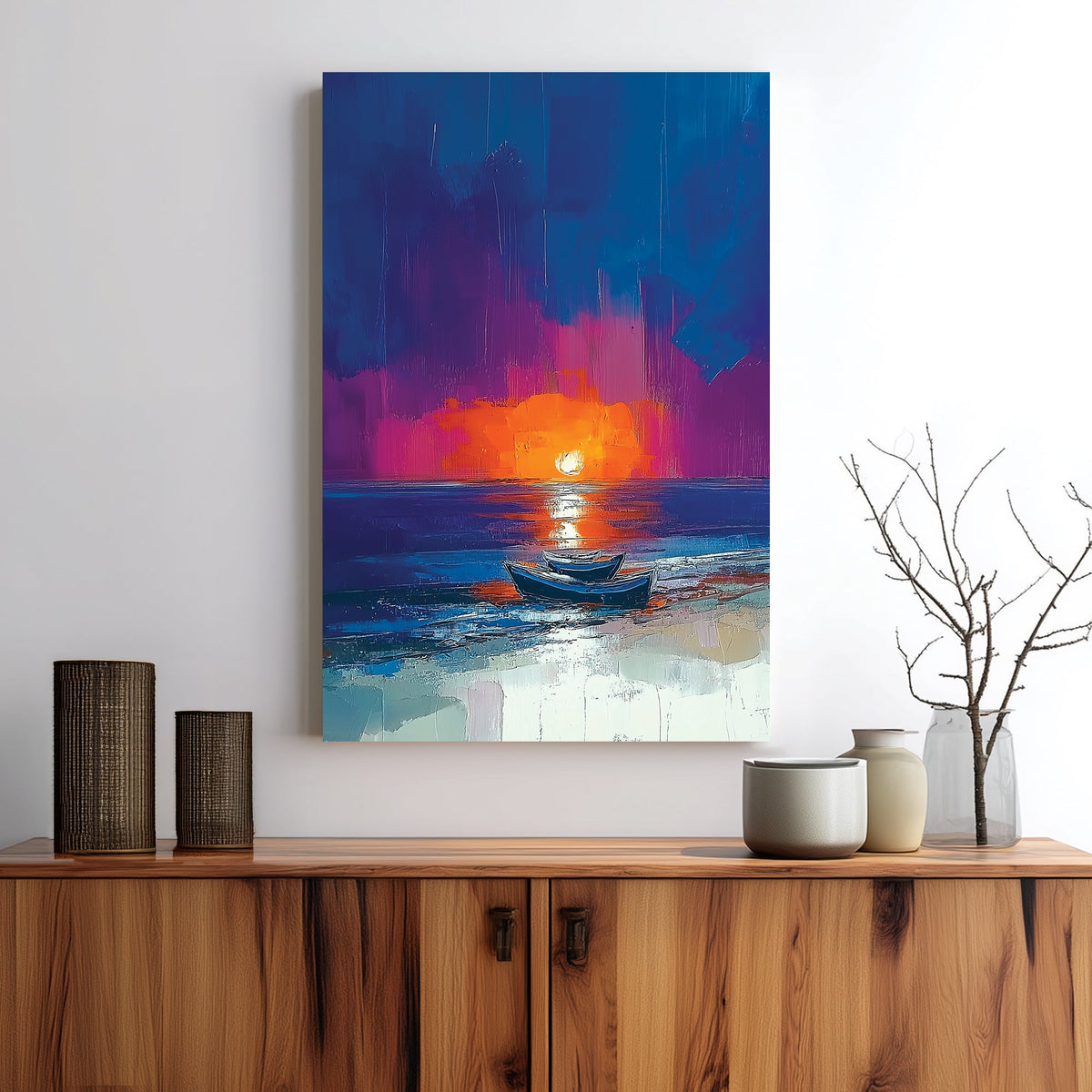 Wall art with boats on the beach at sunset, painted in bold strokes of orange, blue, and violet