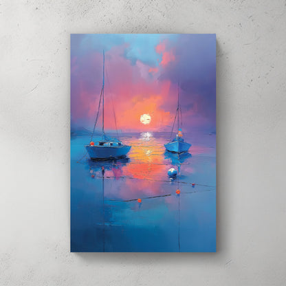 Wall art with two boats on still water at sunset in rich blue and orange hues