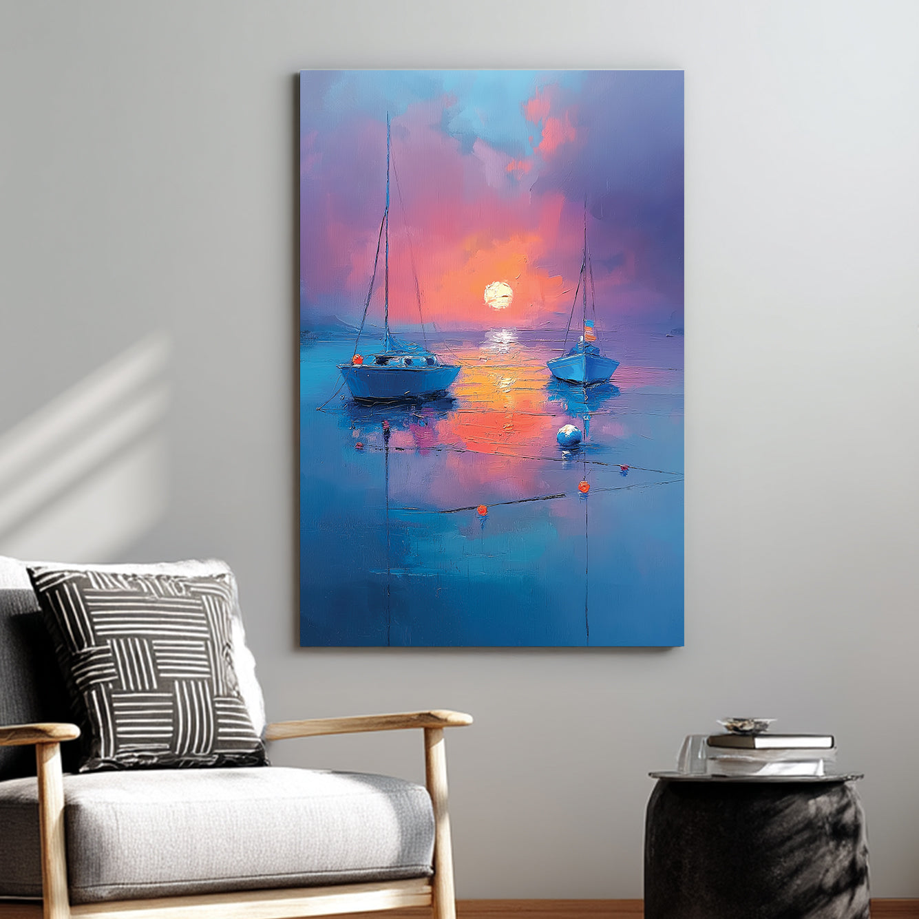 Wall art with two boats on still water at sunset in rich blue and orange hues