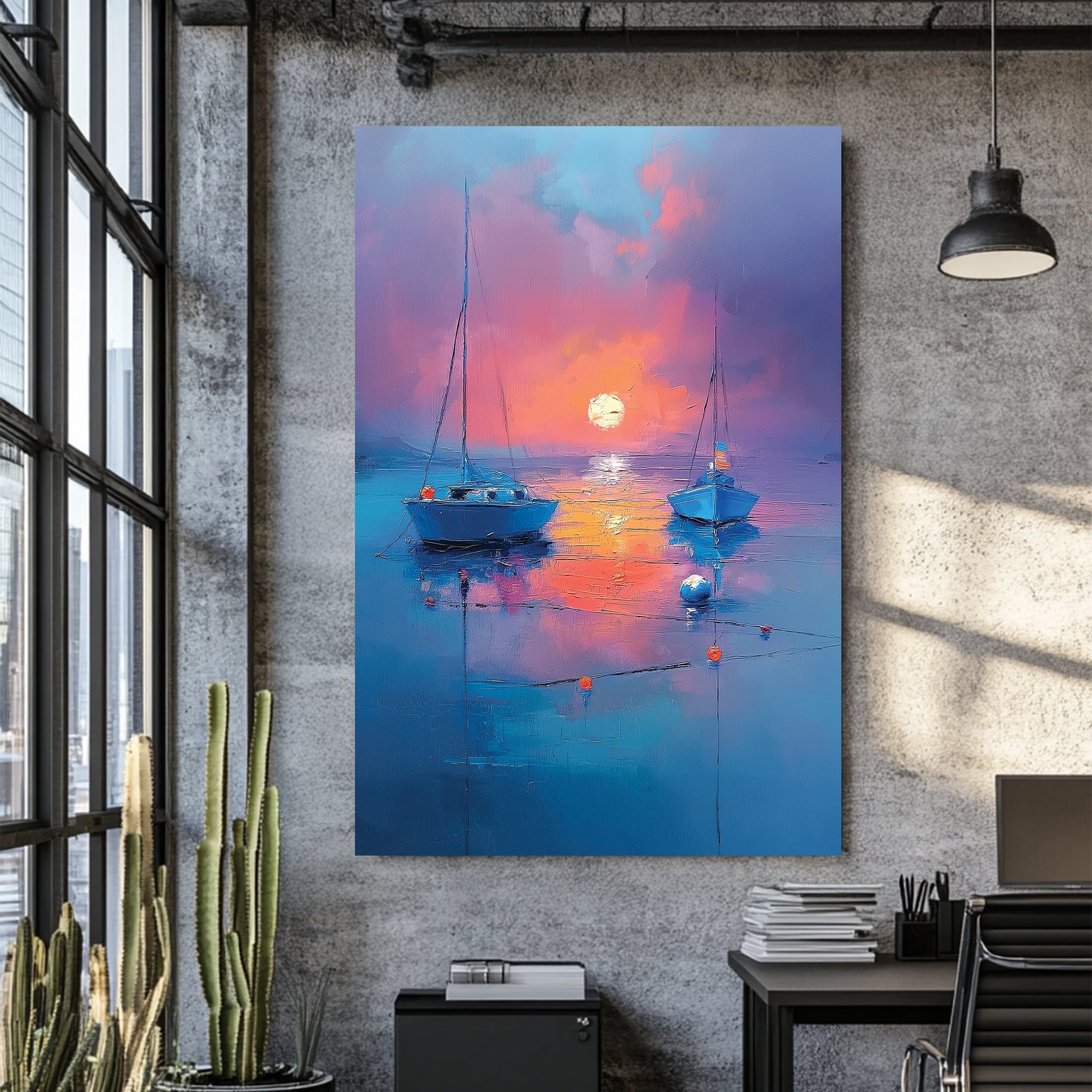 Wall art with two boats on still water at sunset in rich blue and orange hues