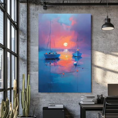 Wall art with two boats on still water at sunset in rich blue and orange hues