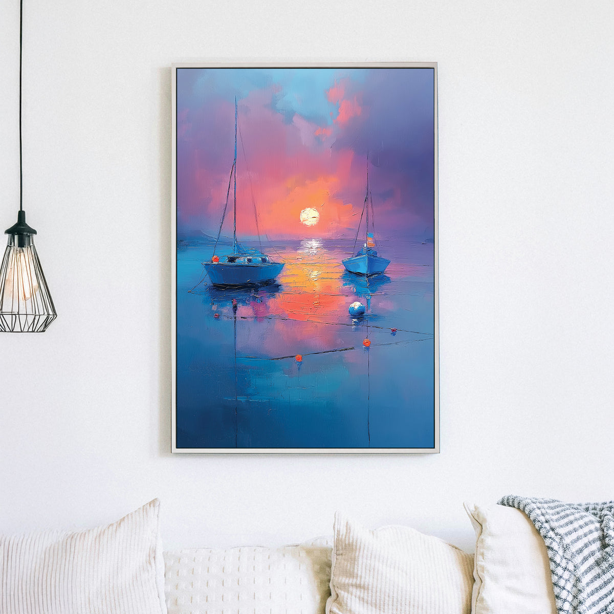 Wall art with two boats on still water at sunset in rich blue and orange hues