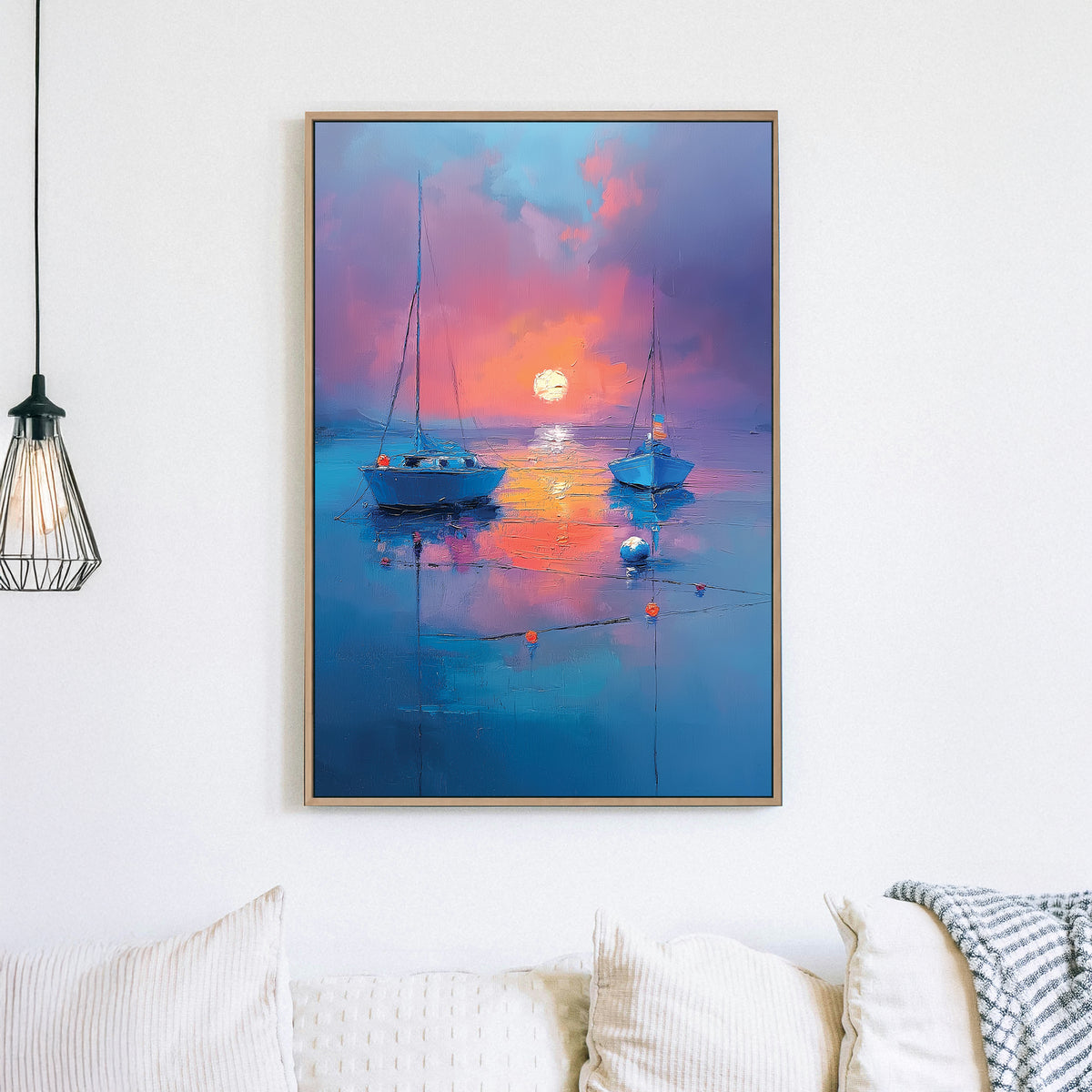 Wall art with two boats on still water at sunset in rich blue and orange hues