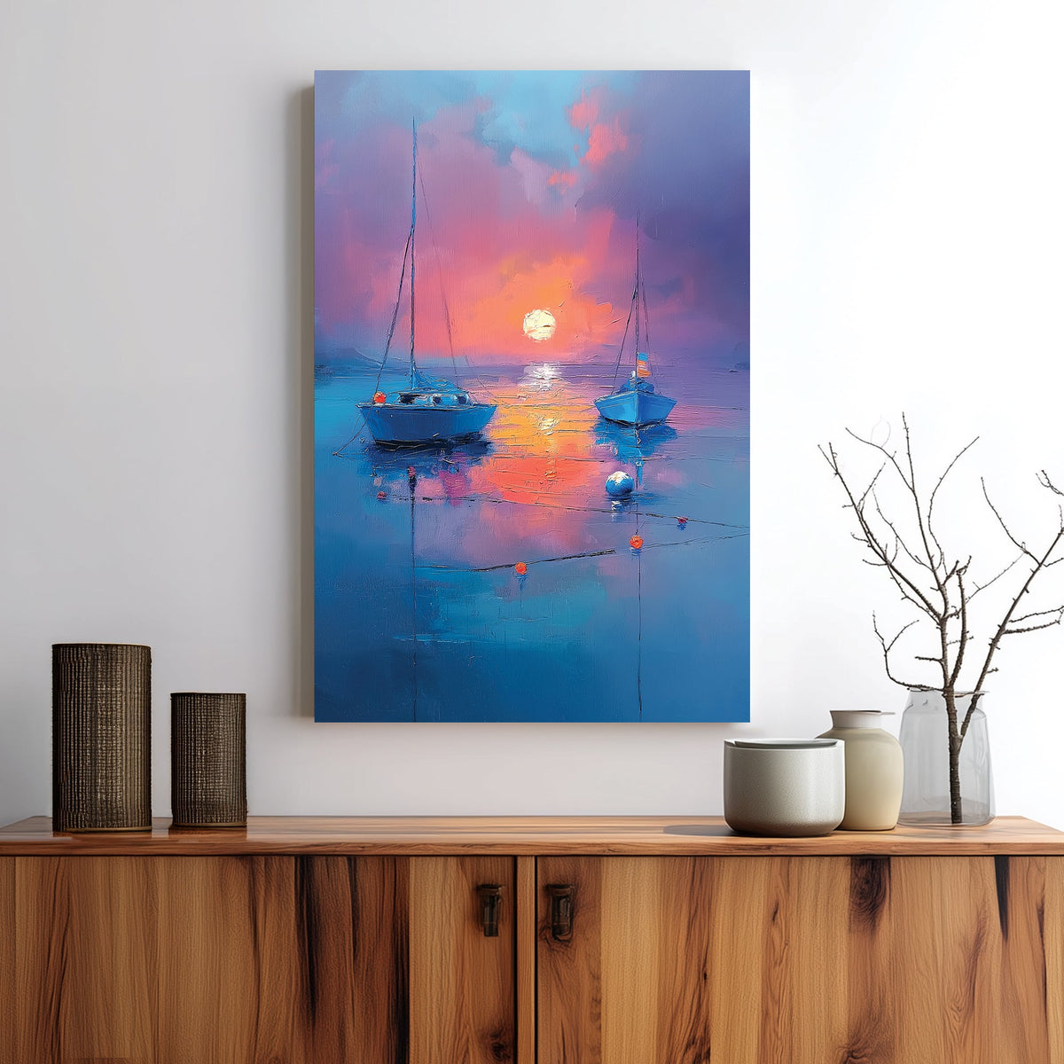 Wall art with two boats on still water at sunset in rich blue and orange hues