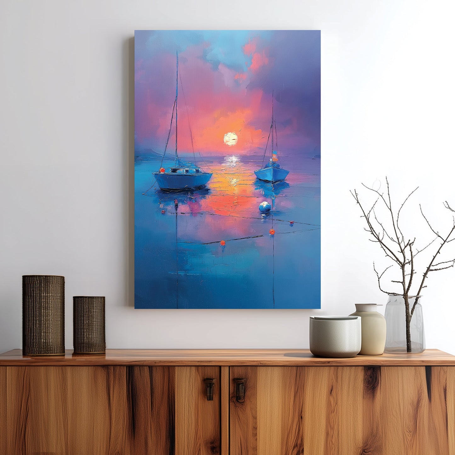 Wall art with two boats on still water at sunset in rich blue and orange hues