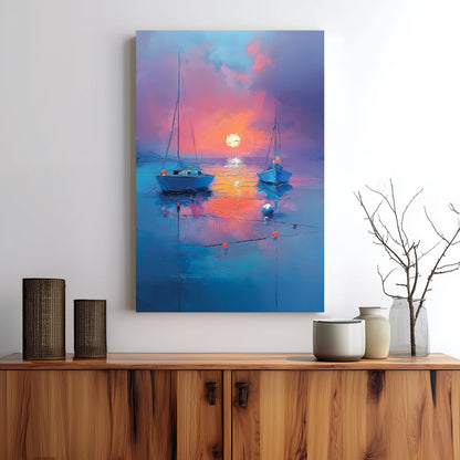Wall art with two boats on still water at sunset in rich blue and orange hues