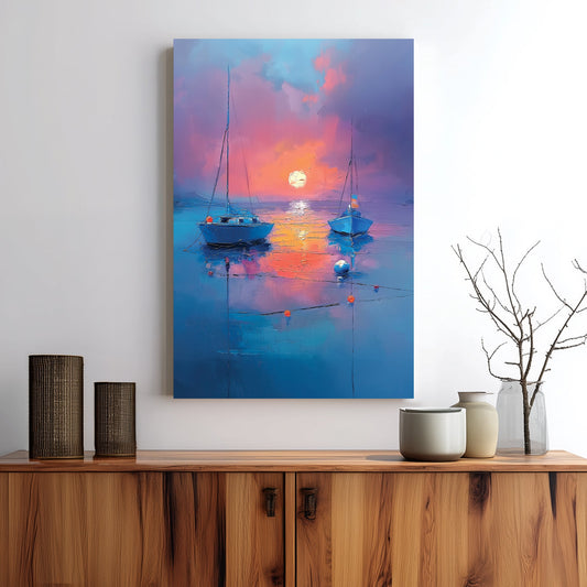 Wall art with two boats on still water at sunset in rich blue and orange hues