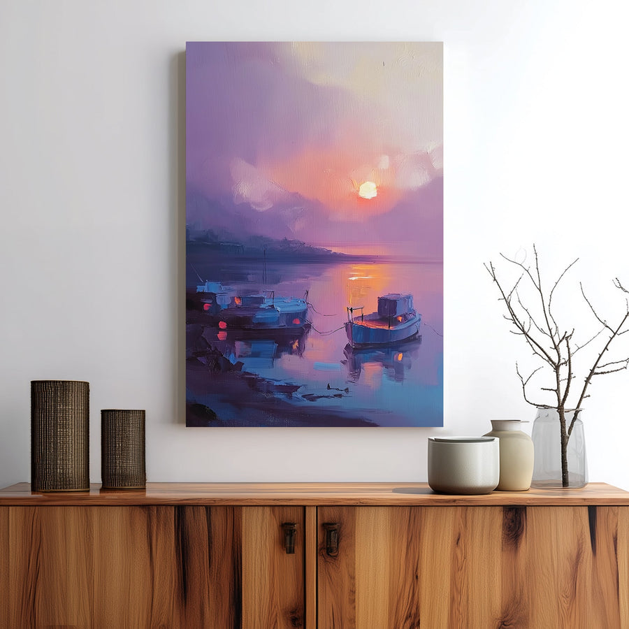 Wall art of boats resting at sunset with purple and pink skies