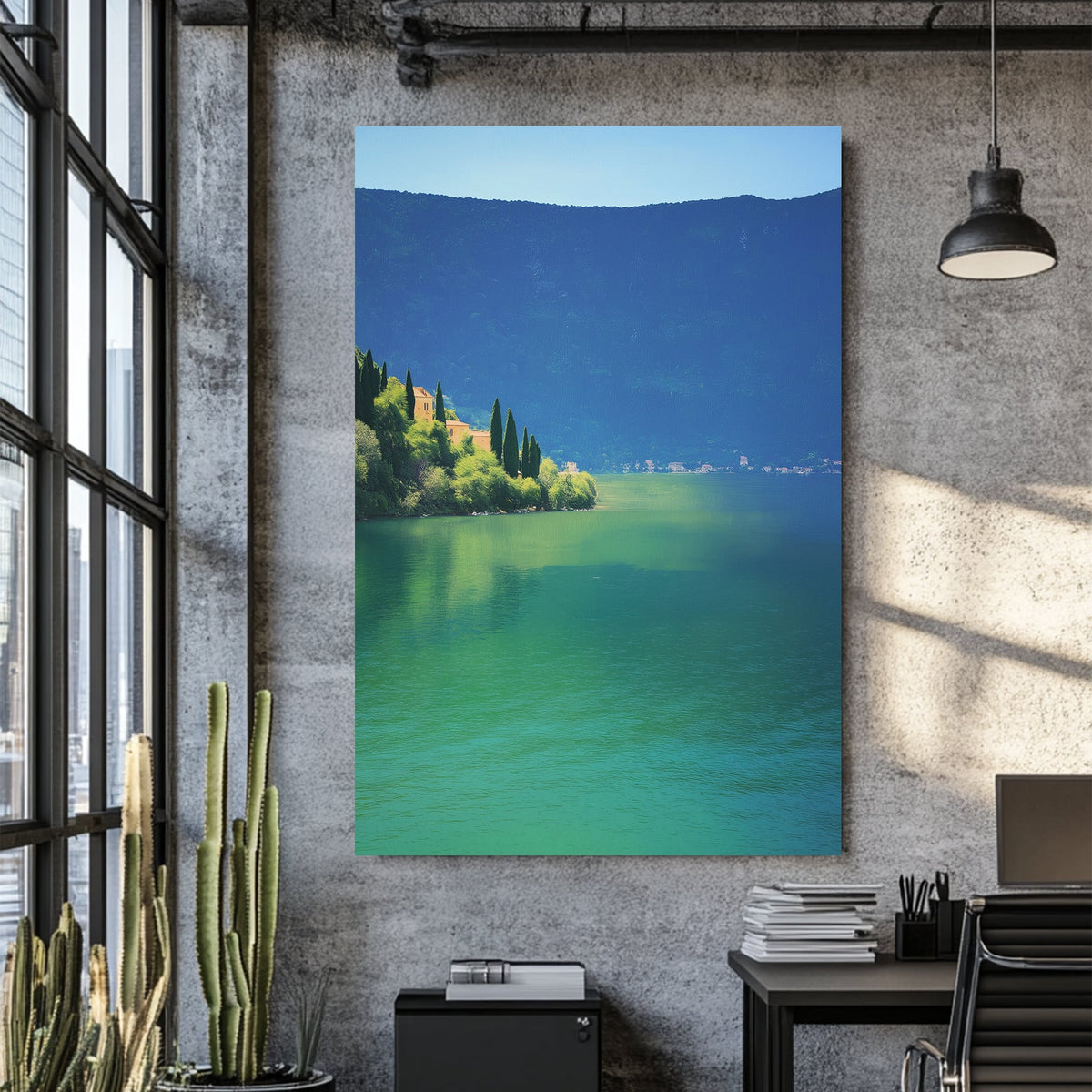 Wall art of a tranquil lakeside village surrounded by hills and still water