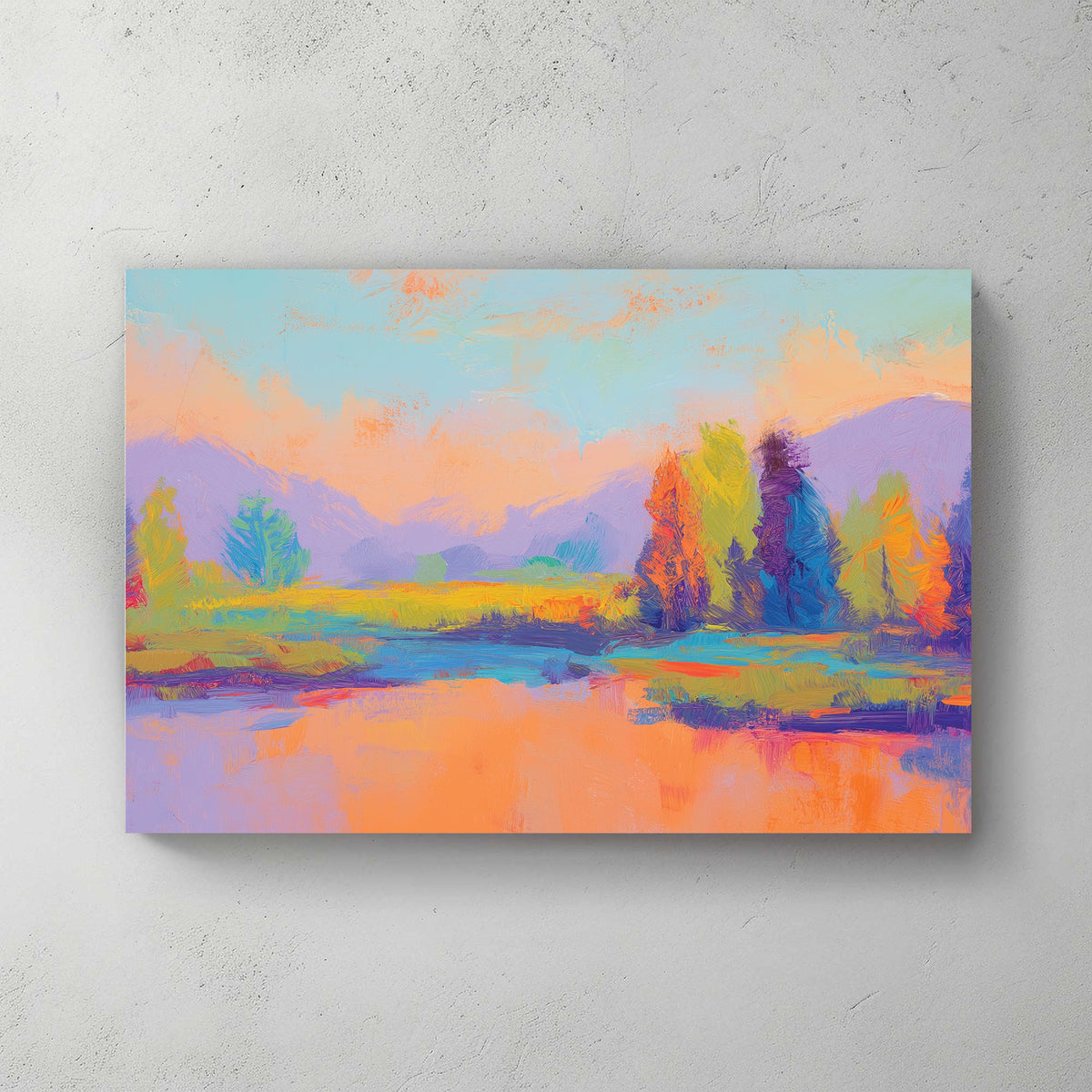 Wall art of a colourful abstract landscape with vibrant trees and mountains
