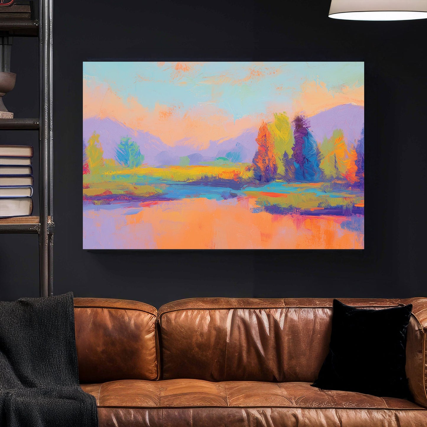 Wall art of a colourful abstract landscape with vibrant trees and mountains