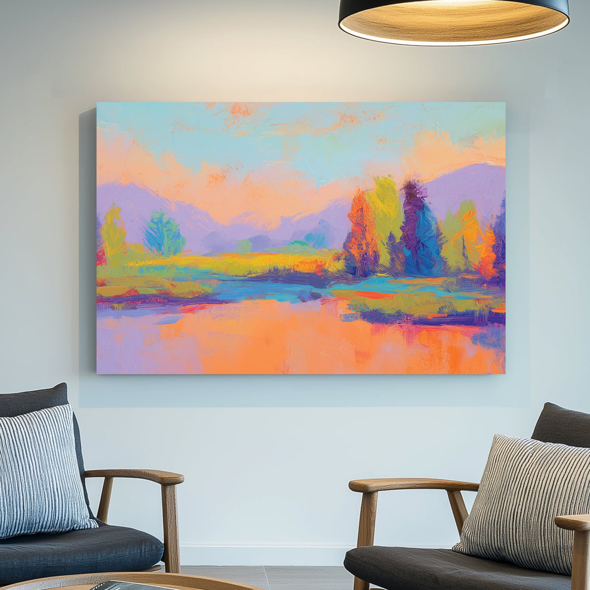 Wall art of a colourful abstract landscape with vibrant trees and mountains