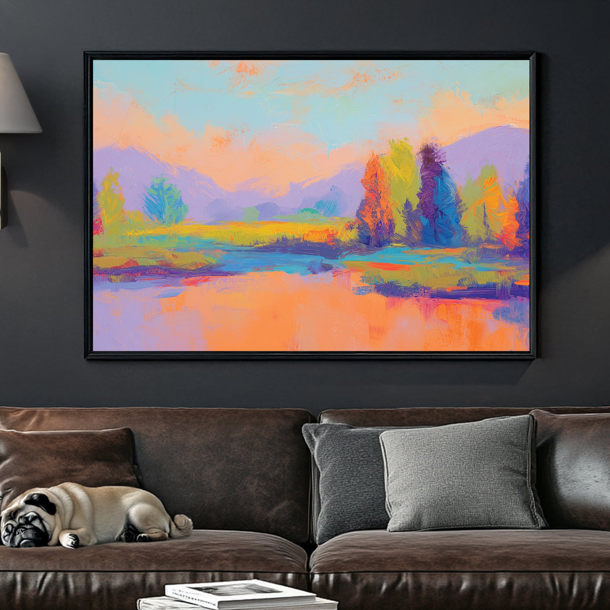 Wall art of a colourful abstract landscape with vibrant trees and mountains