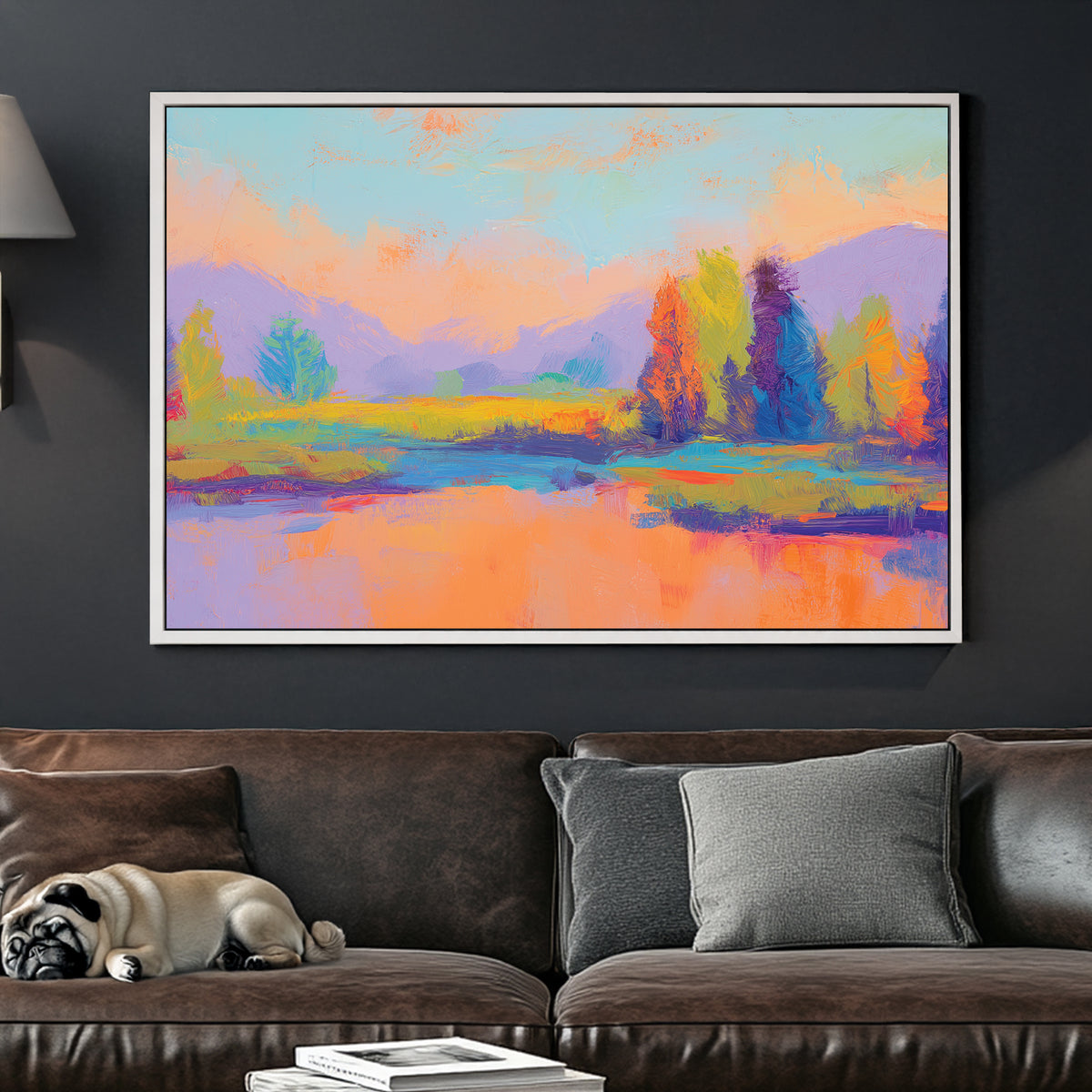 Wall art of a colourful abstract landscape with vibrant trees and mountains