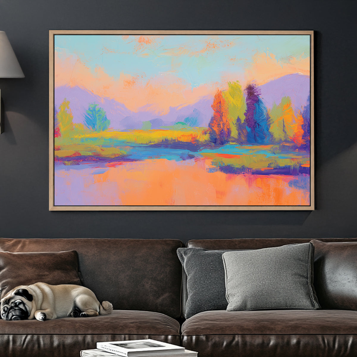 Wall art of a colourful abstract landscape with vibrant trees and mountains