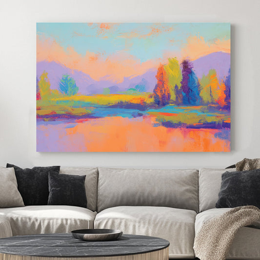 Wall art of a colourful abstract landscape with vibrant trees and mountains