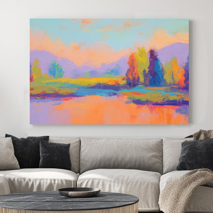 Wall art of a colourful abstract landscape with vibrant trees and mountains