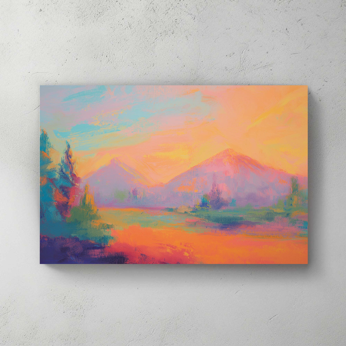 Colourful abstract painting of a dreamy mountain landscape at sunset