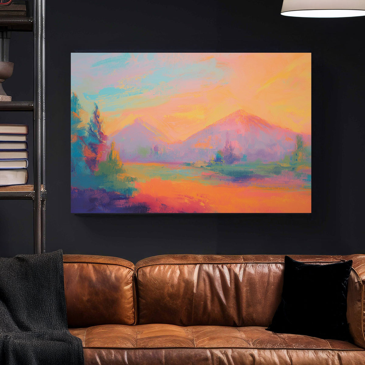 Colourful abstract painting of a dreamy mountain landscape at sunset