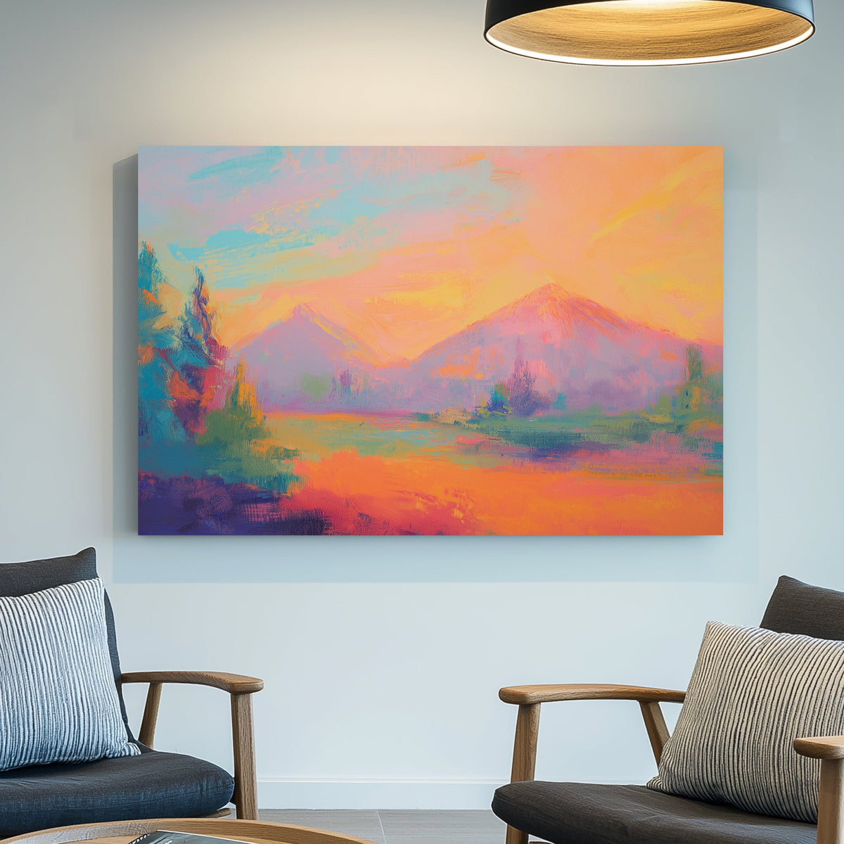 Colourful abstract painting of a dreamy mountain landscape at sunset