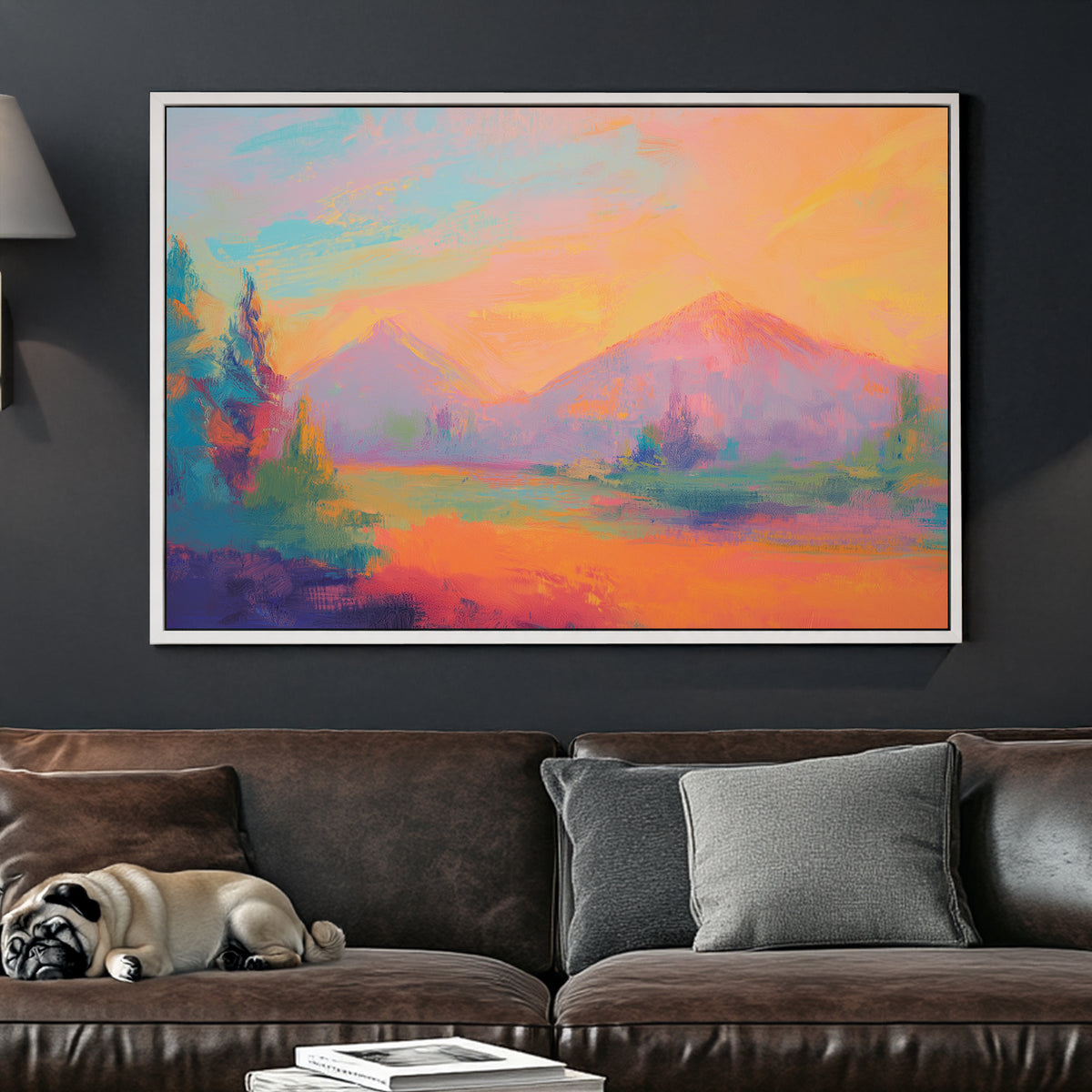 Colourful abstract painting of a dreamy mountain landscape at sunset