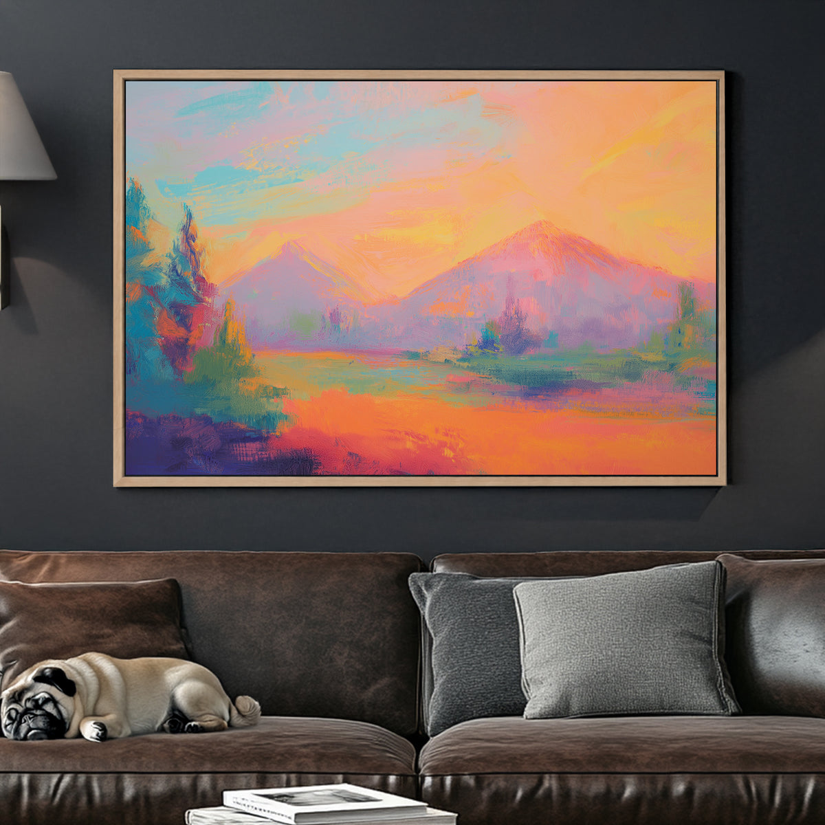 Colourful abstract painting of a dreamy mountain landscape at sunset