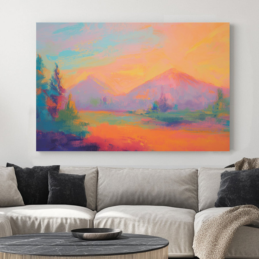 Colourful abstract painting of a dreamy mountain landscape at sunset