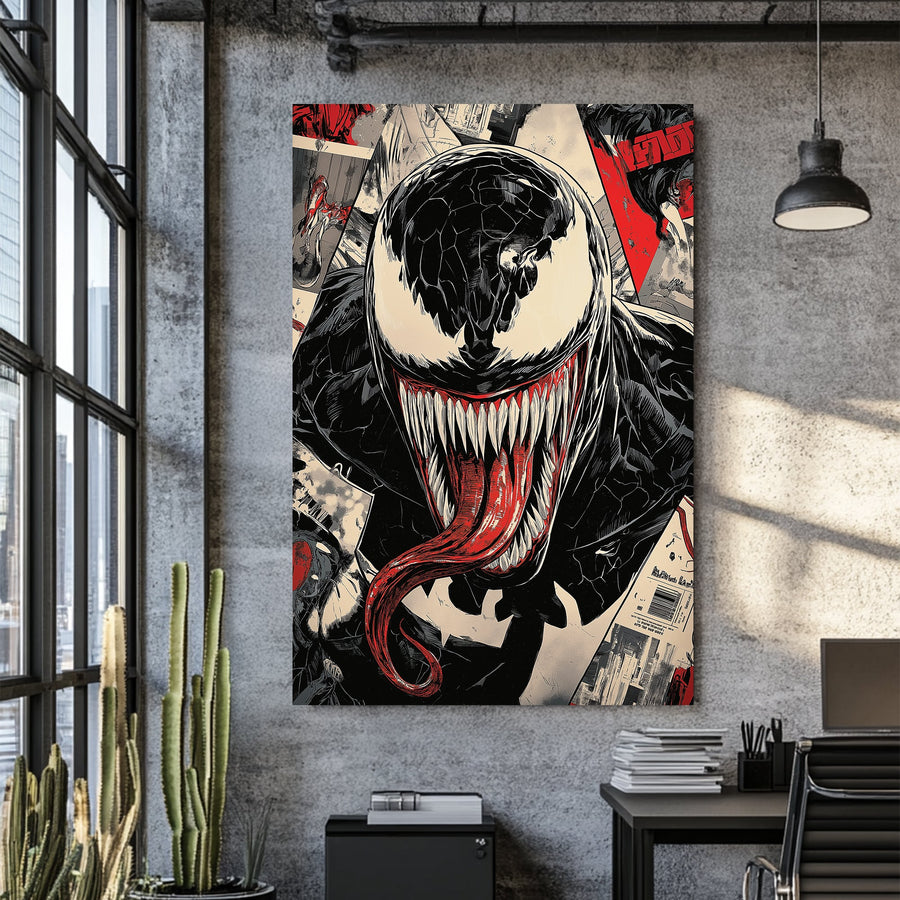 Comic book-style illustration of Venom with sharp teeth and red tongue