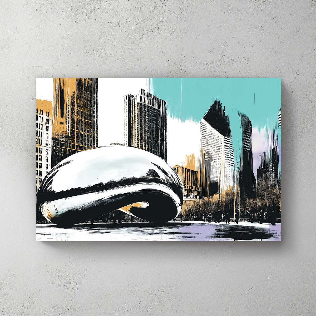 Stylized illustration of Chicago’s Cloud Gate sculpture with skyscrapers and pastel brushstrokes