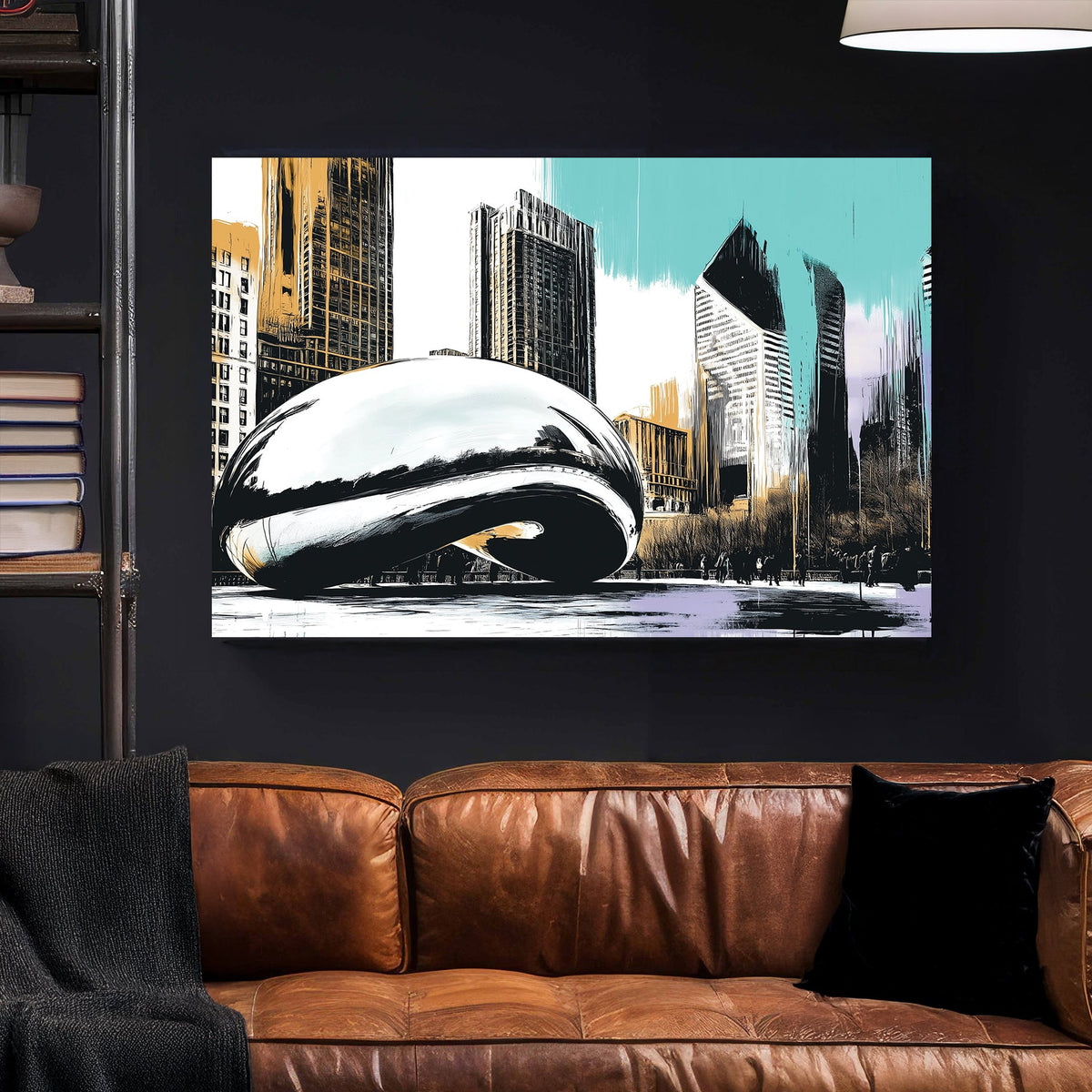 Stylized illustration of Chicago’s Cloud Gate sculpture with skyscrapers and pastel brushstrokes